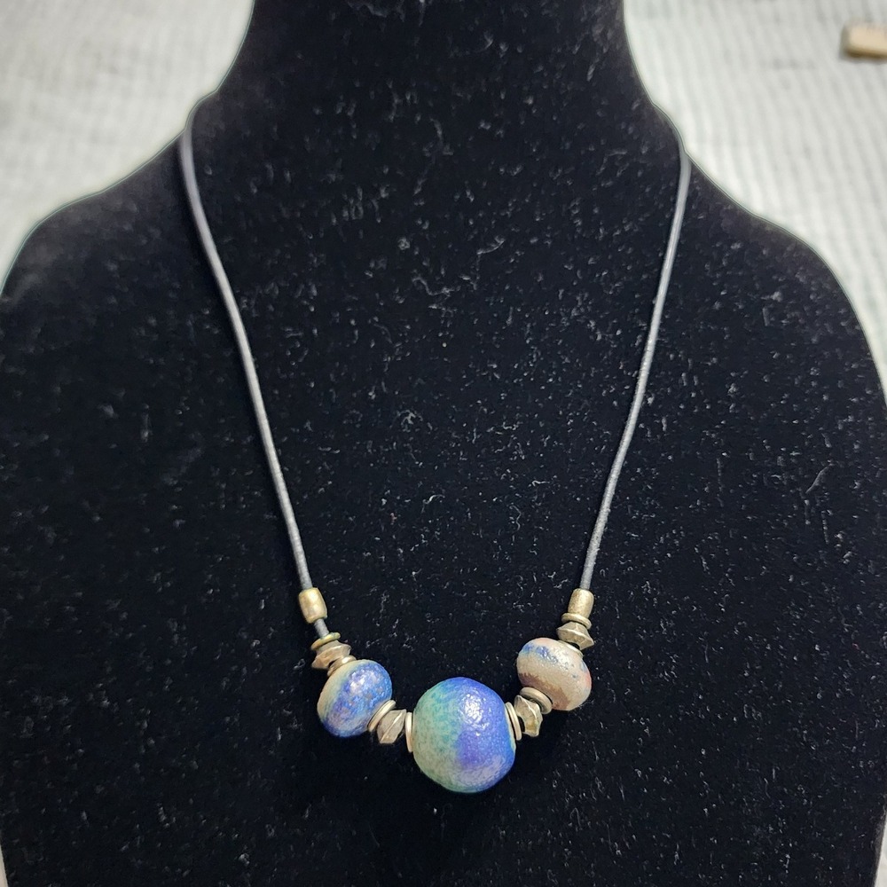 Artisan Ceramic Bead Necklace Blue Green Glazed Pottery Black Cord Barrel Clasp